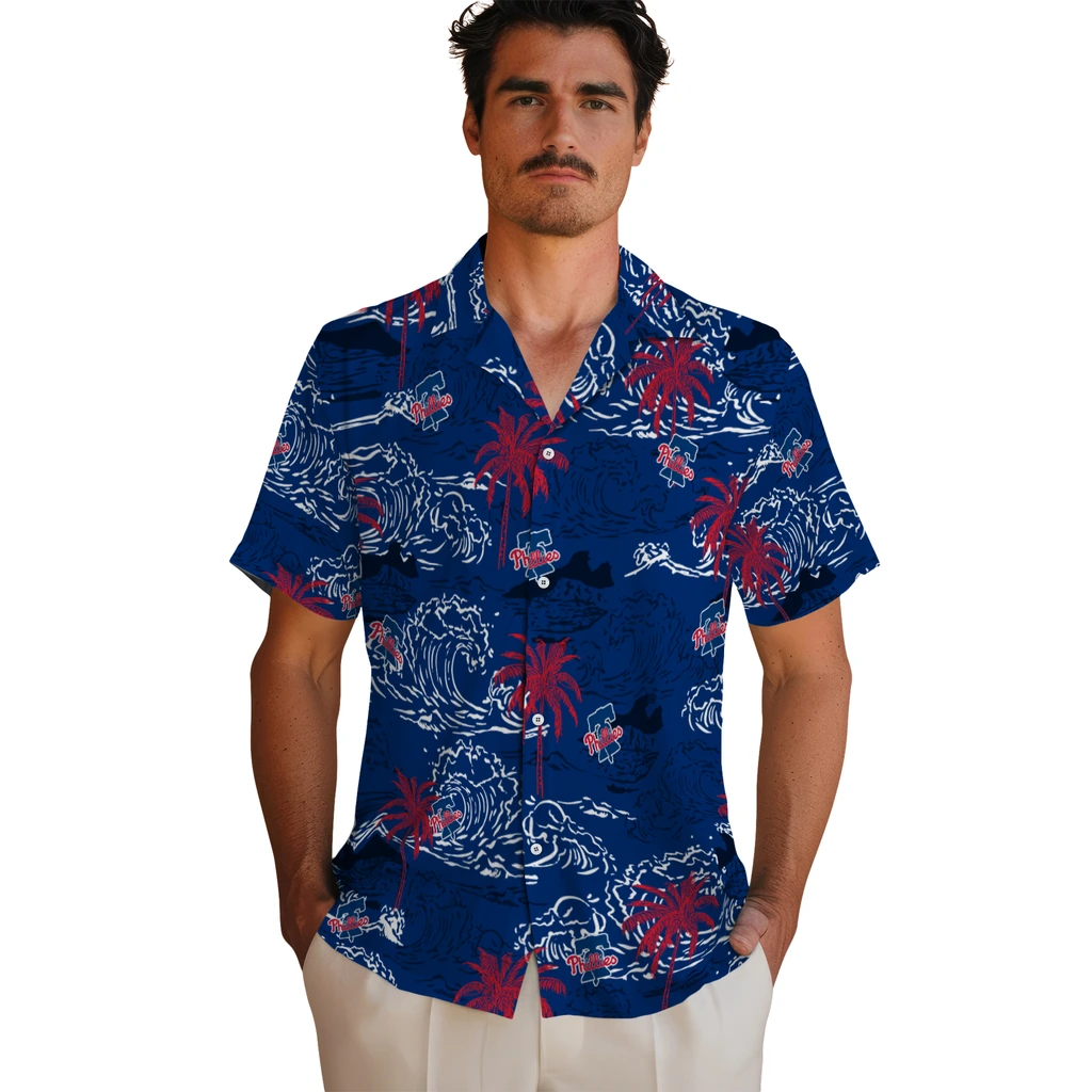 Philadelphia Phillies Hawaiian Shirt - Wave Palm philadelphia phillies wave palm blue hawaiian shirts fashion forward