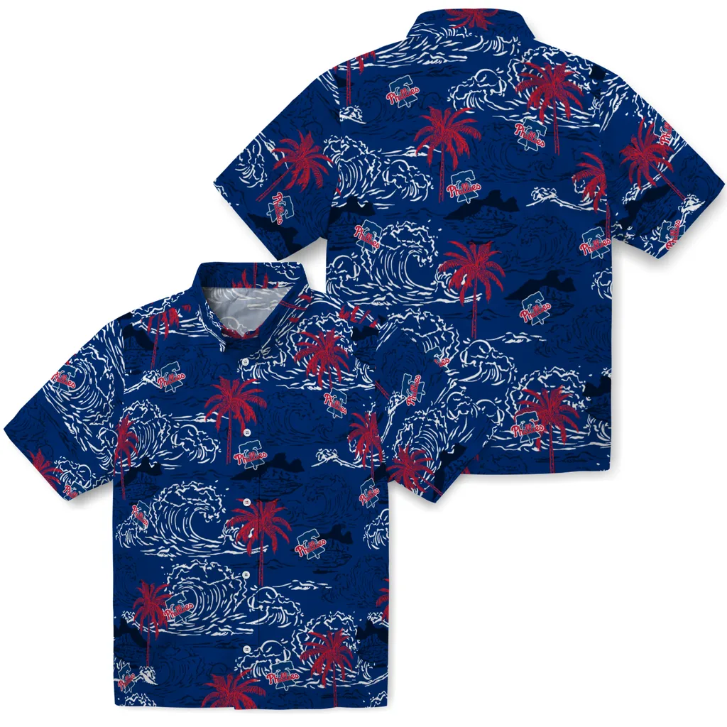 Philadelphia Phillies Hawaiian Shirt - Wave Palm philadelphia phillies wave palm blue hawaiian shirts high quality