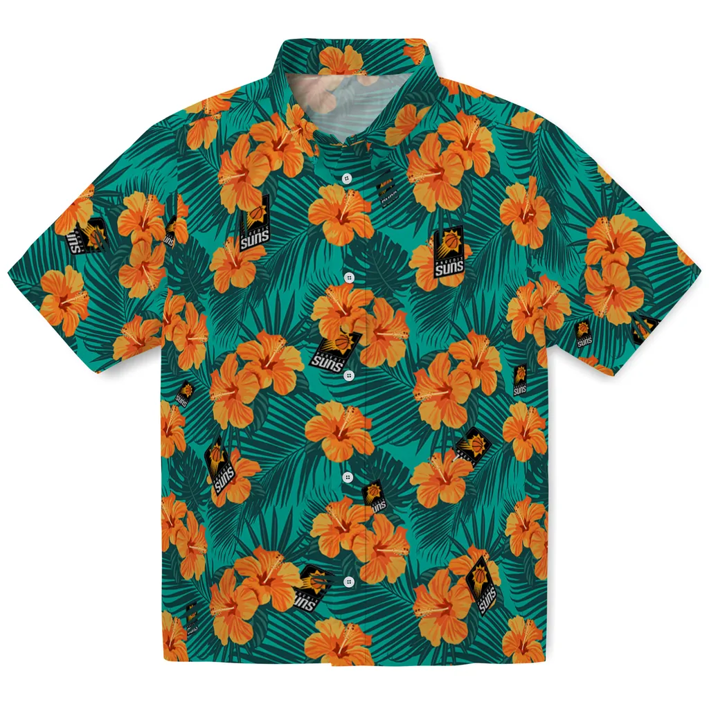Phoenix Suns Hawaiian Shirt - Hibiscus and Palm Leaves phoenix suns hibiscus escape green hawaiian shirts best selling