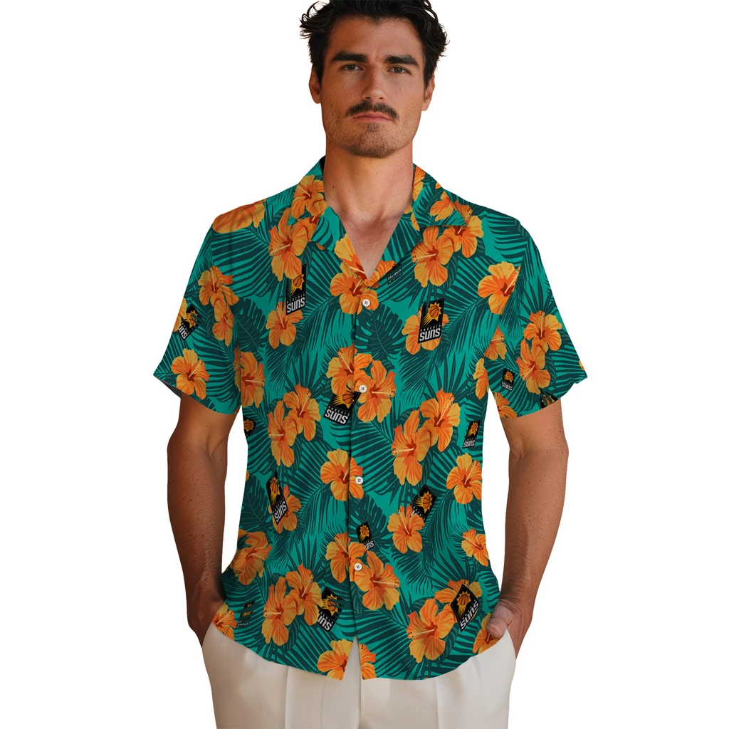 Phoenix Suns Hawaiian Shirt - Hibiscus and Palm Leaves phoenix suns hibiscus escape green hawaiian shirts fashion forward