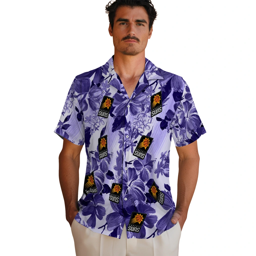 Phoenix Suns Hawaiian Shirt - Hibiscus Arrangement phoenix suns hibiscus arrangement purple hawaiian shirts fashion forward