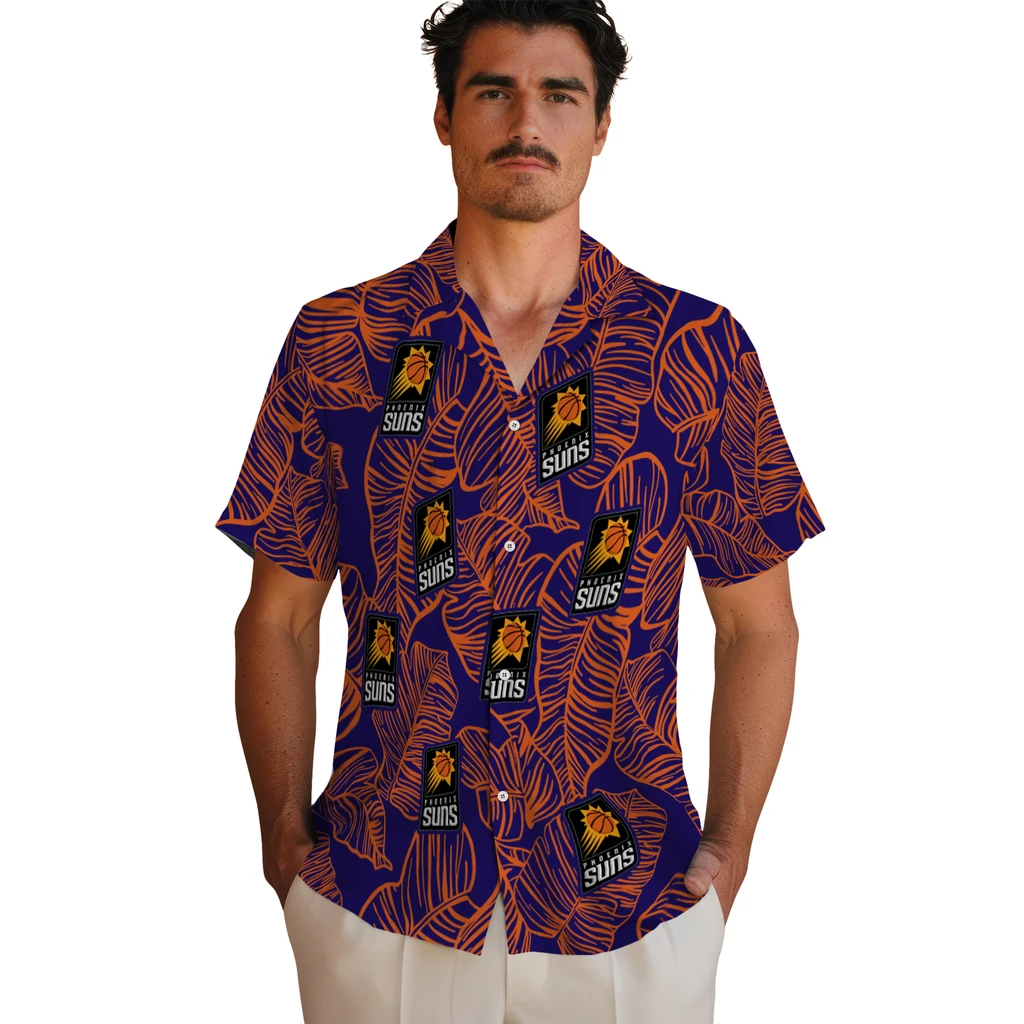 Phoenix Suns Hawaiian Shirt - Leaf Outline phoenix suns leaf outline purple hawaiian shirts fashion forward