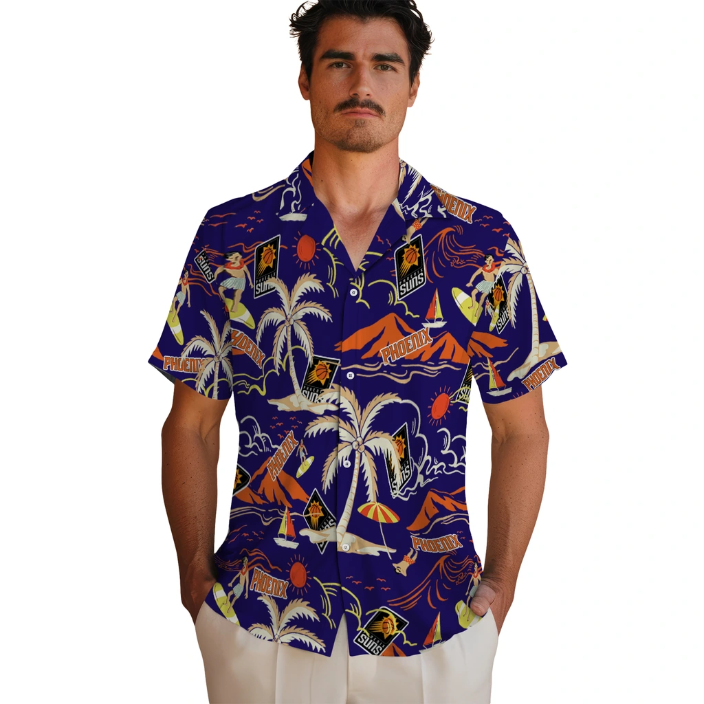 Phoenix Suns Hawaiian Shirt - Palm Tree Island phoenix suns palm tree island purple hawaiian shirts fashion forward