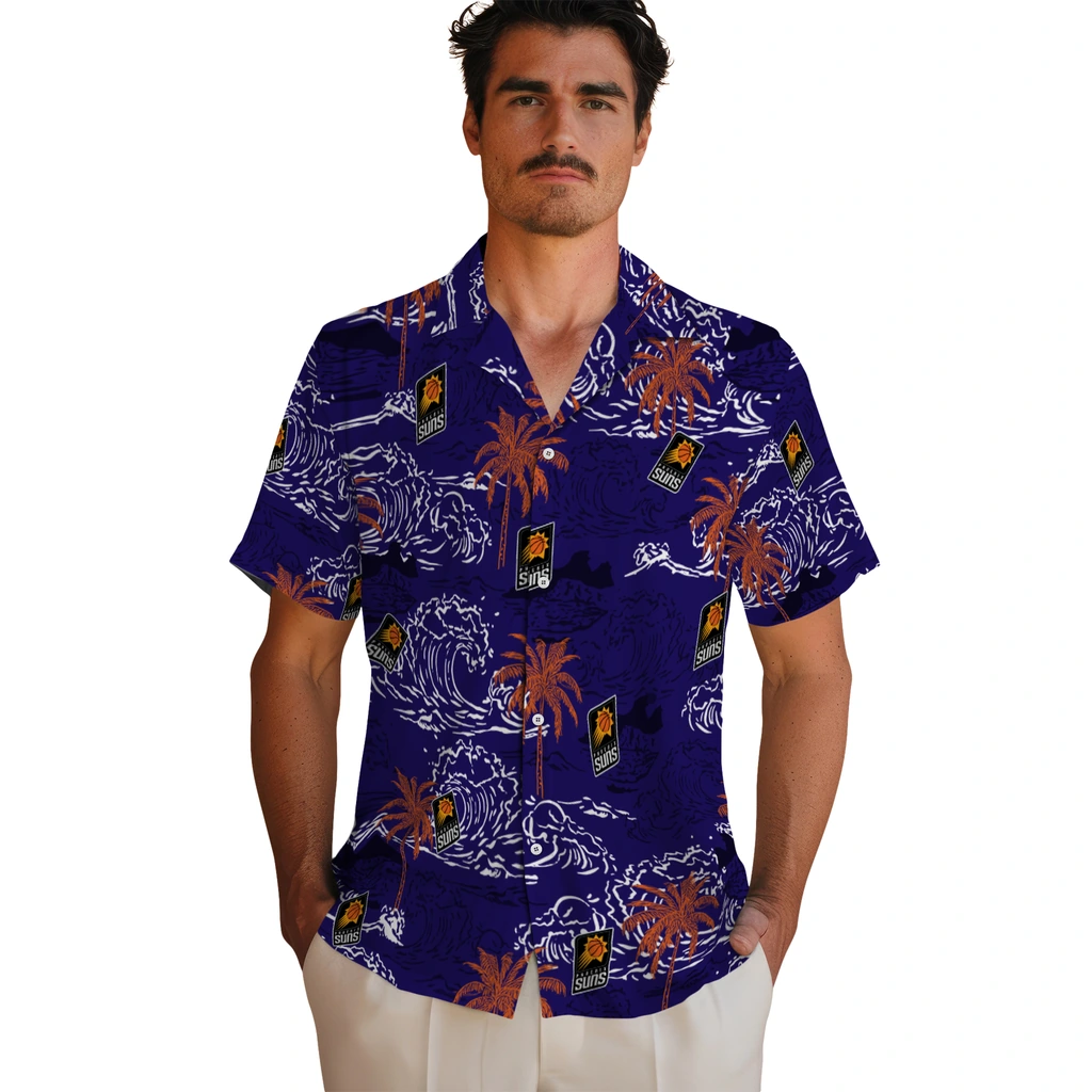 Phoenix Suns Hawaiian Shirt - Wave Palm phoenix suns wave palm purple hawaiian shirts fashion forward