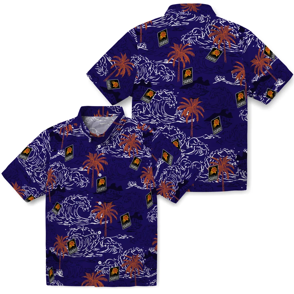Phoenix Suns Hawaiian Shirt - Wave Palm phoenix suns wave palm purple hawaiian shirts high quality