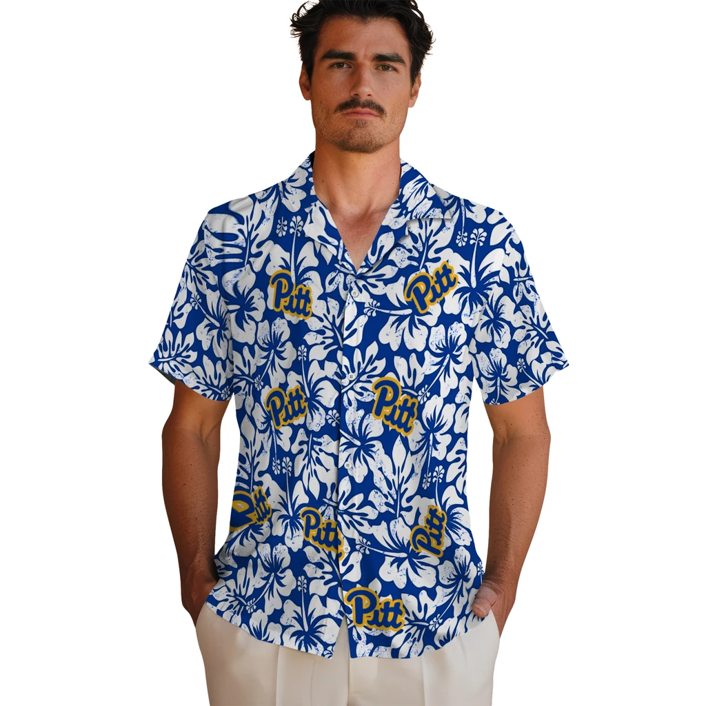 Pittsburgh Panthers Hawaiian Shirt - Hibiscus Motif pittsburgh panthers hibiscus motif royal blue white hawaiian shirts fashion forward