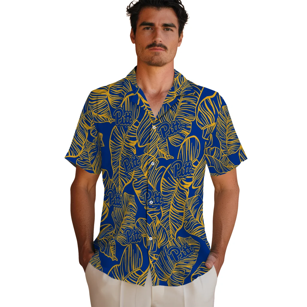 Pittsburgh Panthers Hawaiian Shirt - Leaf Outline pittsburgh panthers leaf outline royal blue hawaiian shirts fashion forward