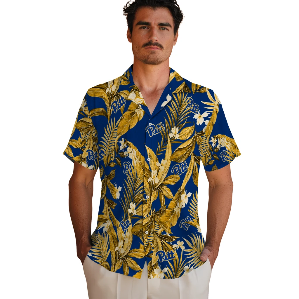 Pittsburgh Panthers Hawaiian Shirt - Palm Leaves pittsburgh panthers palm leaves royal blue hawaiian shirts fashion forward