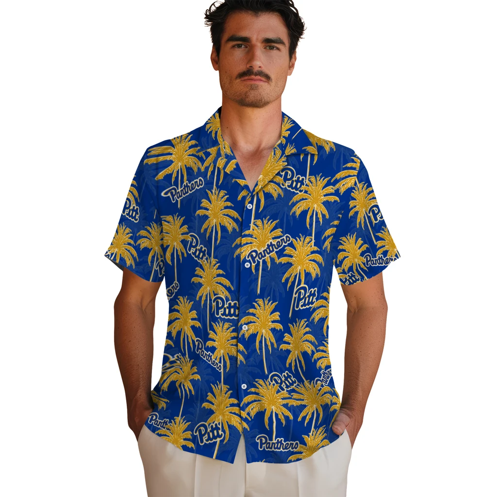 Pittsburgh Panthers Hawaiian Shirt - Palm Tree Motif pittsburgh panthers palm grove royal blue hawaiian shirts fashion forward
