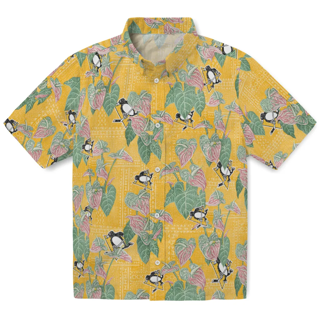 Pittsburgh Penguins Hawaiian Shirt - Anthurium Overlay pittsburgh penguins anthurium overlay yellow hawaiian shirts best selling