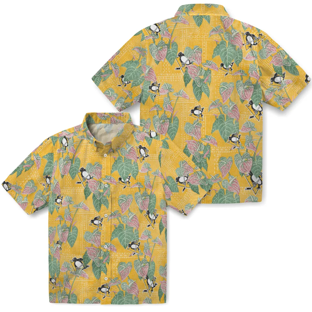 Pittsburgh Penguins Hawaiian Shirt - Anthurium Overlay pittsburgh penguins anthurium overlay yellow hawaiian shirts high quality