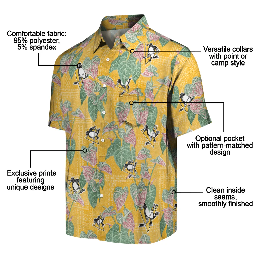 Pittsburgh Penguins Hawaiian Shirt - Anthurium Overlay pittsburgh penguins anthurium overlay yellow hawaiian shirts new arrival