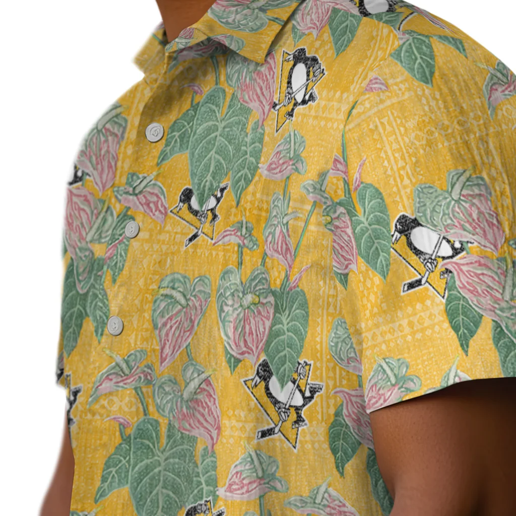 Pittsburgh Penguins Hawaiian Shirt - Anthurium Overlay pittsburgh penguins anthurium overlay yellow hawaiian shirts trendy