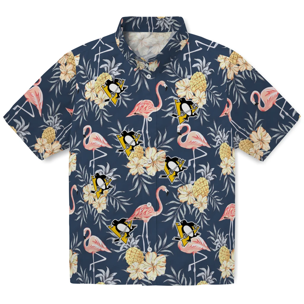 Pittsburgh Penguins Hawaiian Shirt - Flamingo Hibiscus pittsburgh penguins flamingo hibiscus navy hawaiian shirts best selling