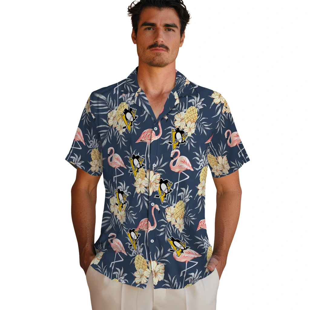Pittsburgh Penguins Hawaiian Shirt - Flamingo Hibiscus pittsburgh penguins flamingo hibiscus navy hawaiian shirts fashion forward