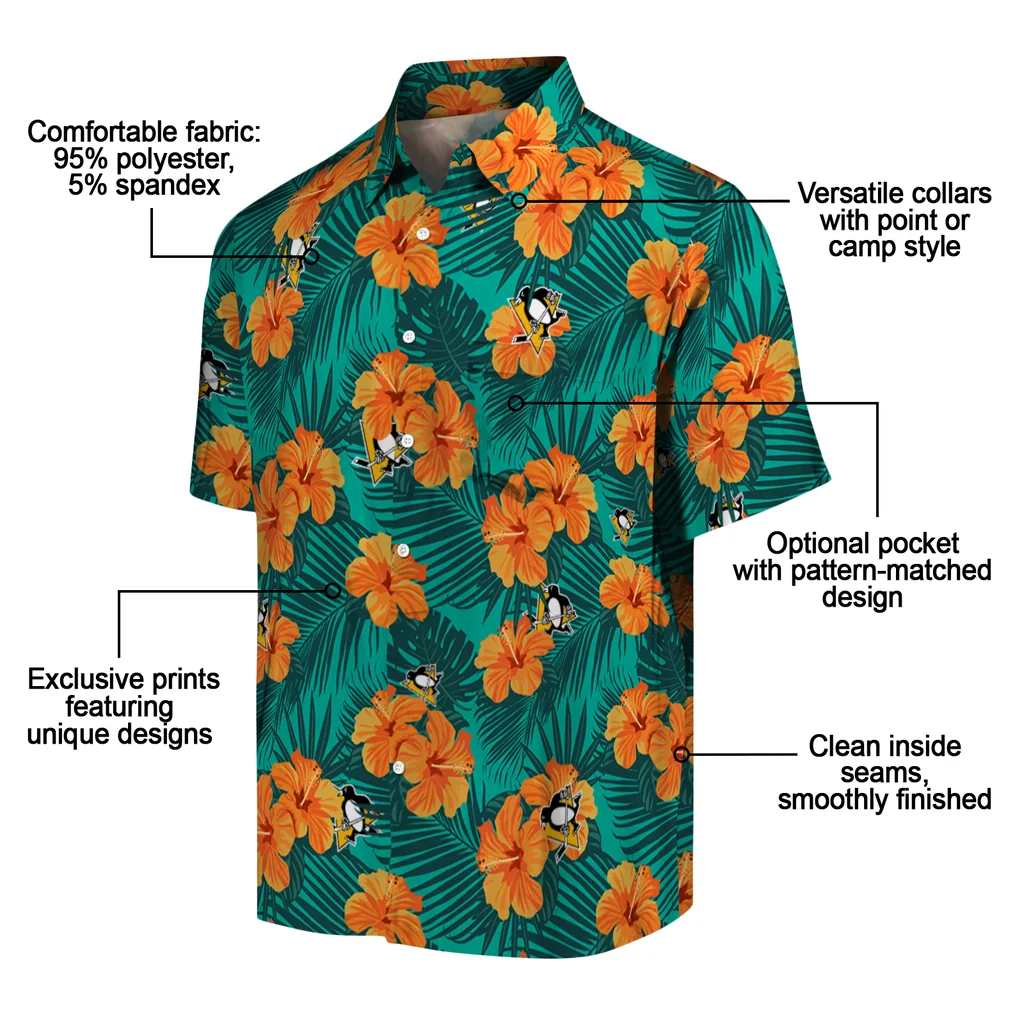 Pittsburgh Penguins Hawaiian Shirt - Hibiscus and Palm Leaves pittsburgh penguins hibiscus escape green hawaiian shirts new arrival