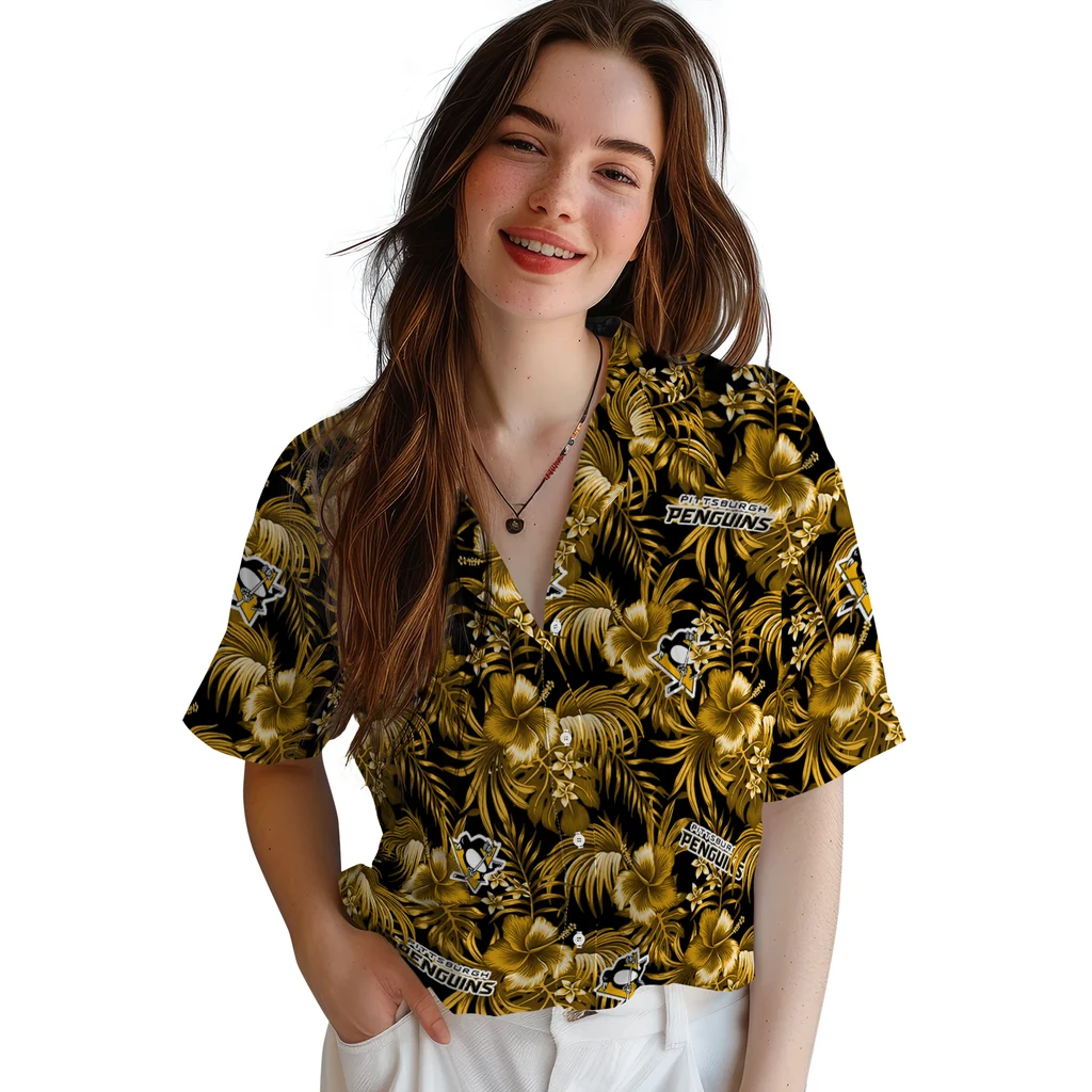 Pittsburgh Penguins Hawaiian Shirt - Hibiscus Exotic pittsburgh penguins hibiscus exotic yellow hawaiian shirts latest model