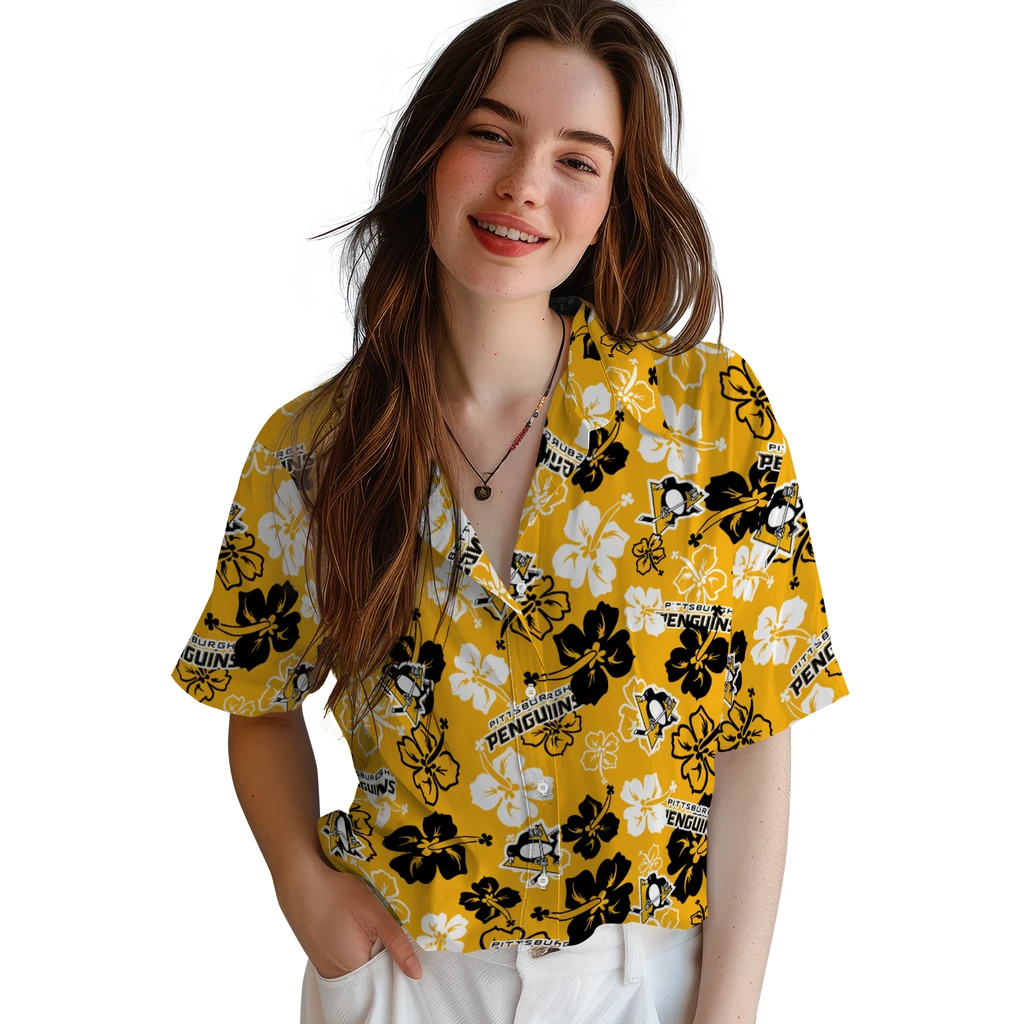 Pittsburgh Penguins Hawaiian Shirt - Hibiscus Flower Design pittsburgh penguins hibiscus bloom yellow hawaiian shirts latest model