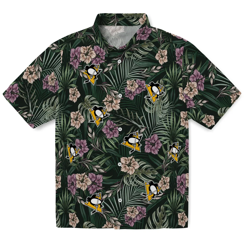 Pittsburgh Penguins Hawaiian Shirt - Hibiscus Leaves Pattern pittsburgh penguins hibiscus leaves pattern green hawaiian shirts best selling