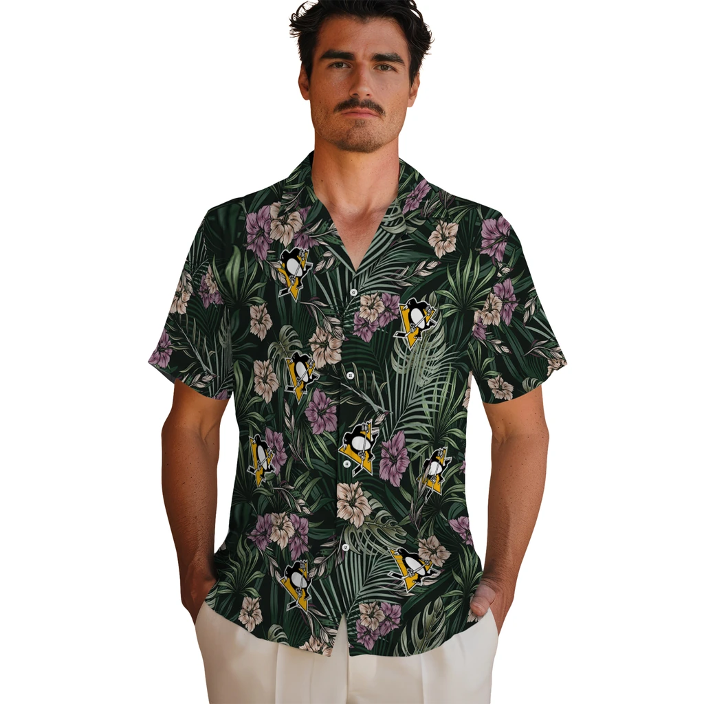 Pittsburgh Penguins Hawaiian Shirt - Hibiscus Leaves Pattern pittsburgh penguins hibiscus leaves pattern green hawaiian shirts fashion forward
