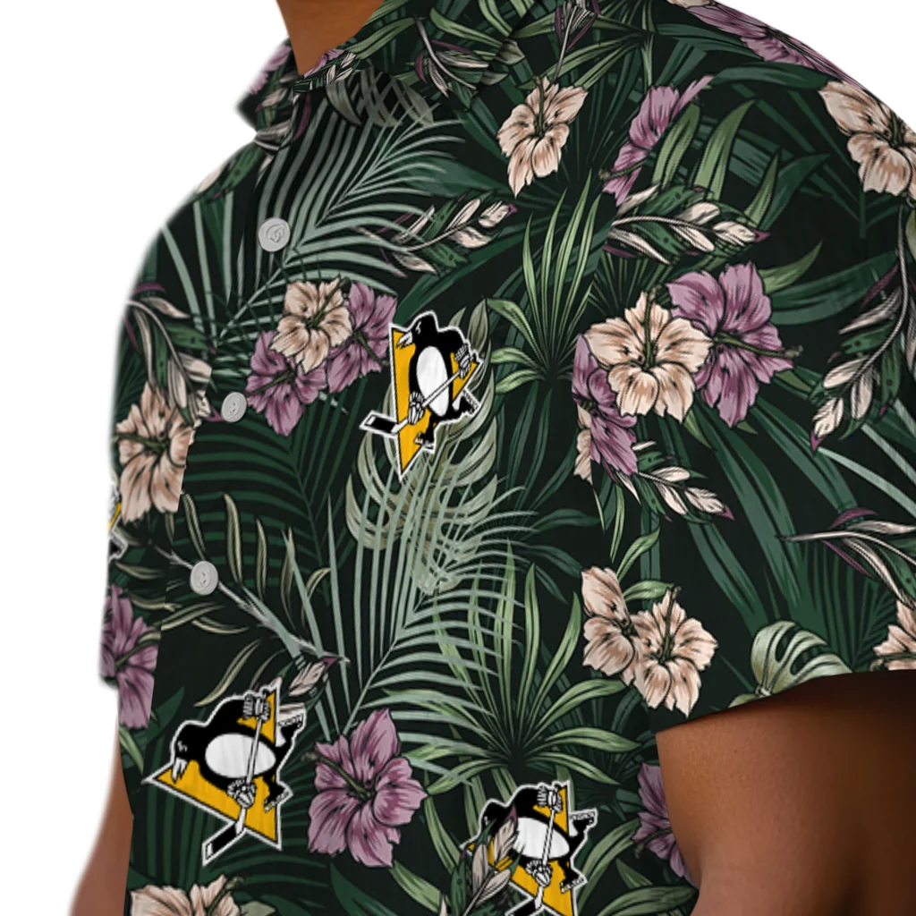 Pittsburgh Penguins Hawaiian Shirt - Hibiscus Leaves Pattern pittsburgh penguins hibiscus leaves pattern green hawaiian shirts trendy