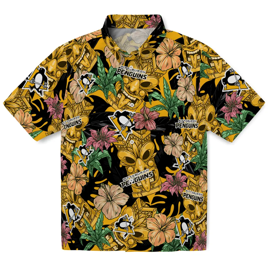Pittsburgh Penguins Hawaiian Shirt - Hibiscus Tiki Jungle pittsburgh penguins tiki jungle yellow hawaiian shirts best selling