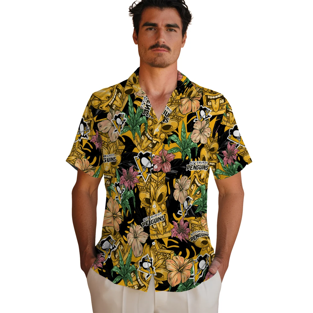 Pittsburgh Penguins Hawaiian Shirt - Hibiscus Tiki Jungle pittsburgh penguins tiki jungle yellow hawaiian shirts fashion forward