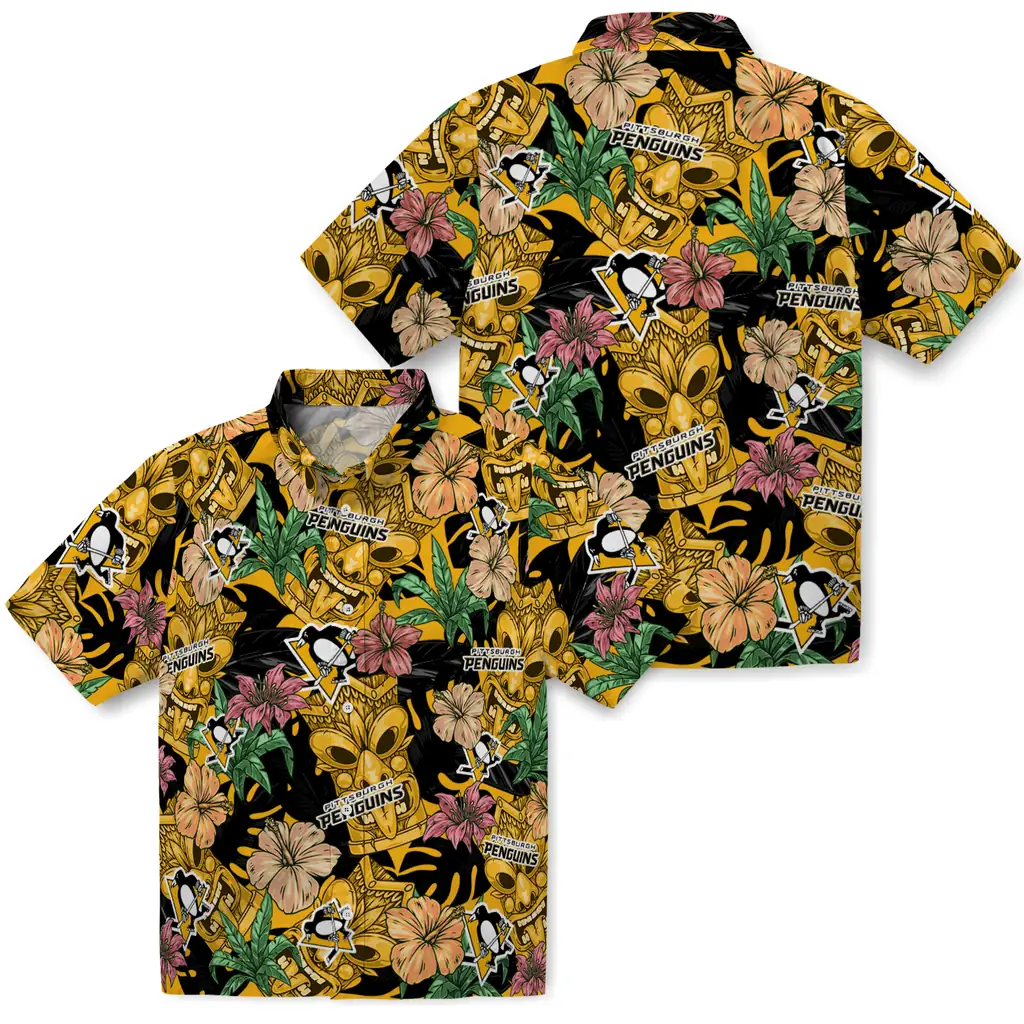 Pittsburgh Penguins Hawaiian Shirt - Hibiscus Tiki Jungle pittsburgh penguins tiki jungle yellow hawaiian shirts high quality