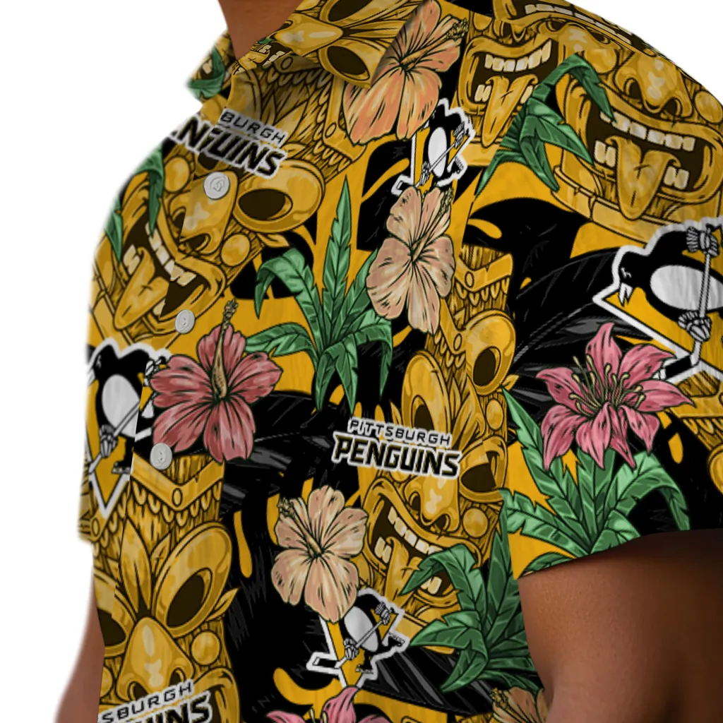 Pittsburgh Penguins Hawaiian Shirt - Hibiscus Tiki Jungle pittsburgh penguins tiki jungle yellow hawaiian shirts trendy