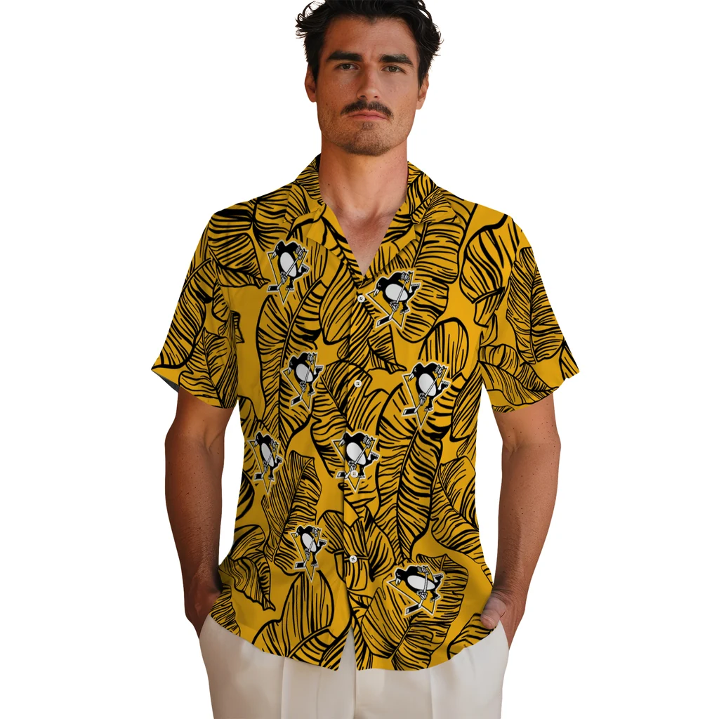 Pittsburgh Penguins Hawaiian Shirt - Leaf Outline pittsburgh penguins leaf outline yellow hawaiian shirts fashion forward