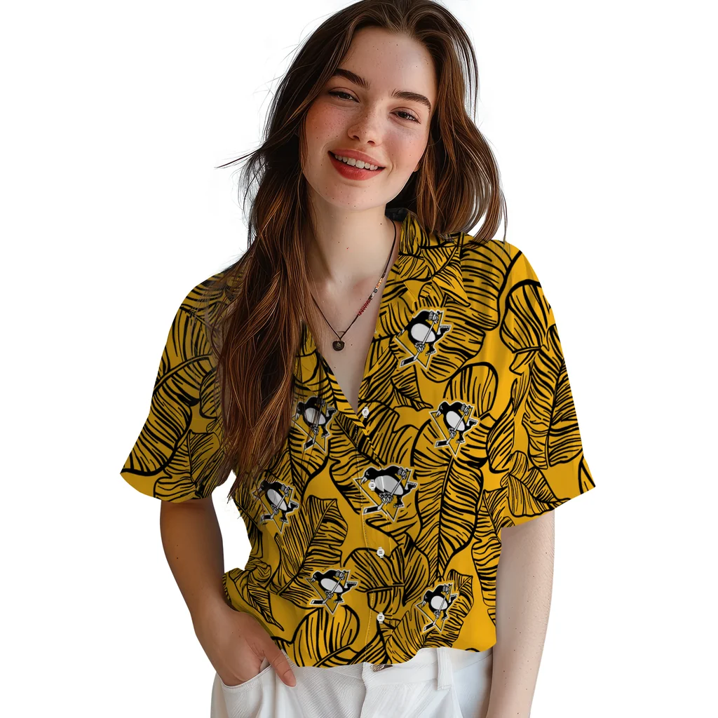 Pittsburgh Penguins Hawaiian Shirt - Leaf Outline pittsburgh penguins leaf outline yellow hawaiian shirts latest model