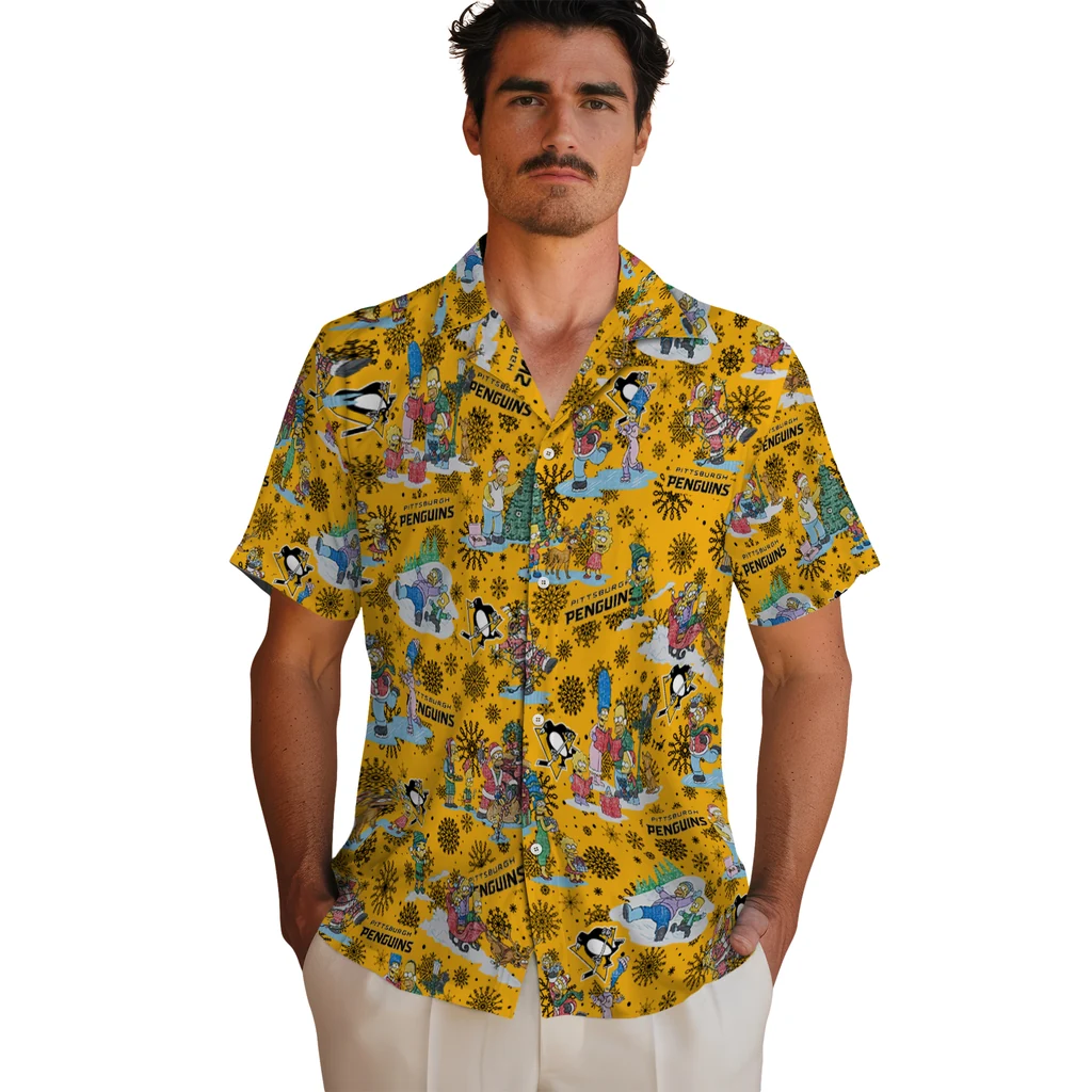 Pittsburgh Penguins Hawaiian Shirt - Simpsons Christmas pittsburgh penguins simpsons christmas yellow hawaiian shirts fashion forward