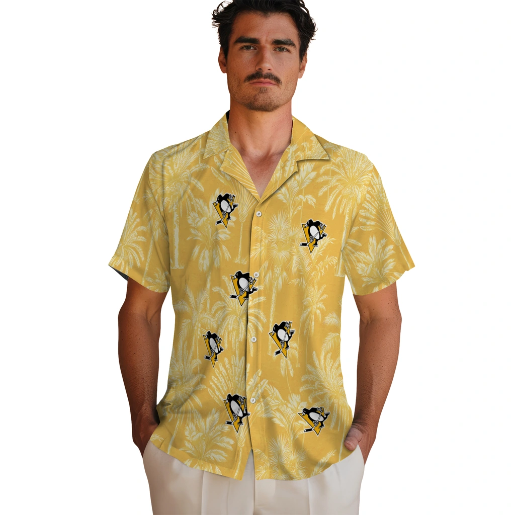 Pittsburgh Penguins Hawaiian Shirt - Vintage Palm Tree pittsburgh penguins palm shadows yellow hawaiian shirts fashion forward