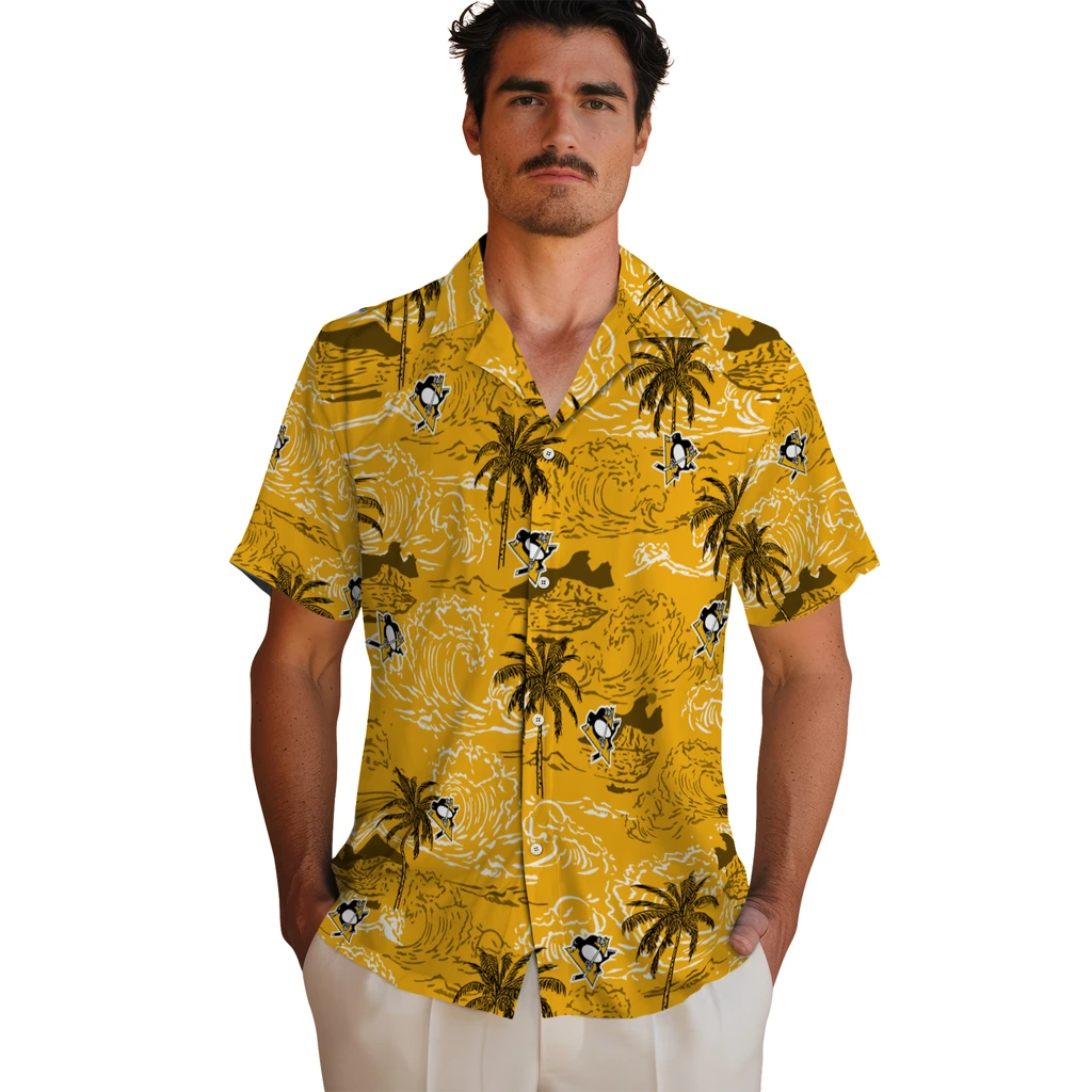 Pittsburgh Penguins Hawaiian Shirt - Wave Palm pittsburgh penguins wave palm yellow hawaiian shirts fashion forward
