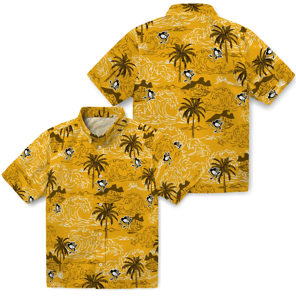 Pittsburgh Penguins Hawaiian Shirt - Wave Palm pittsburgh penguins wave palm yellow hawaiian shirts high quality