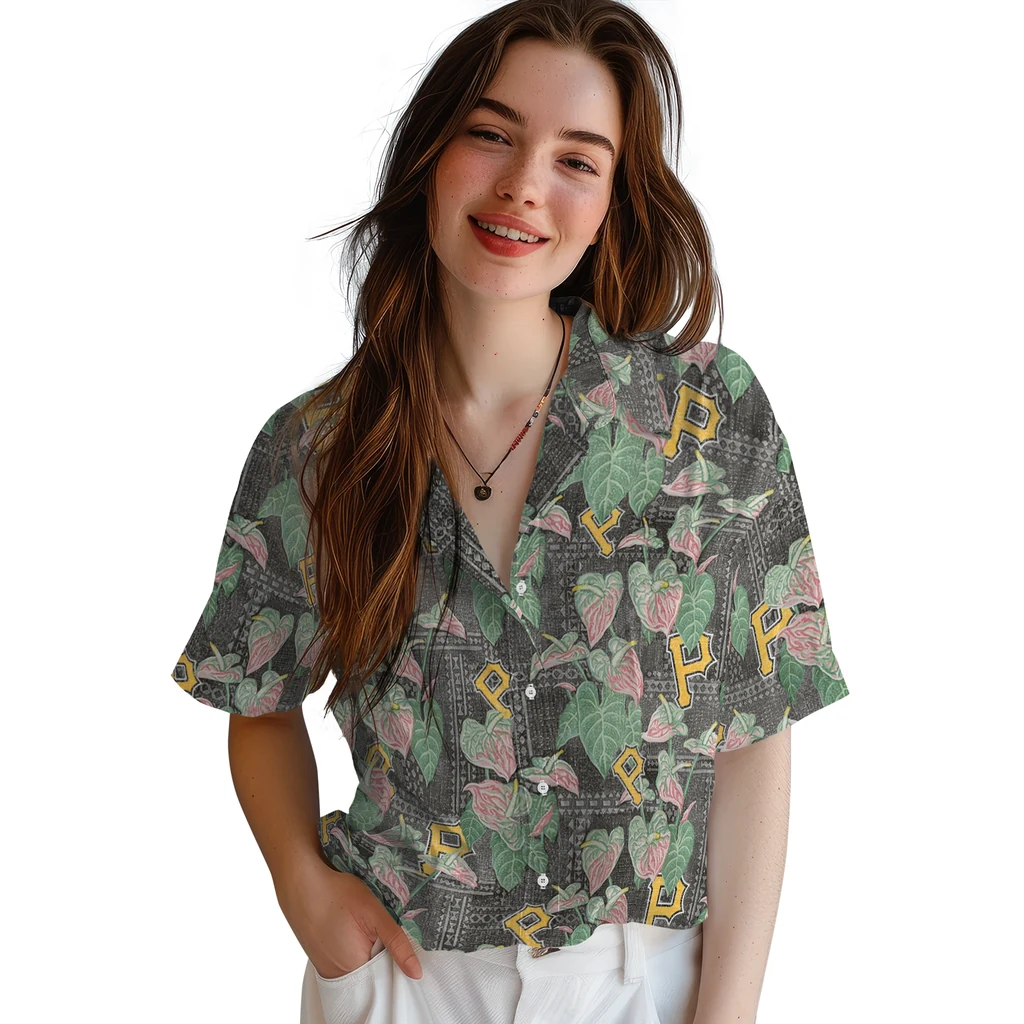 Pittsburgh Pirates Hawaiian Shirt - Anthurium Overlay pittsburgh pirates anthurium overlay black hawaiian shirts latest model