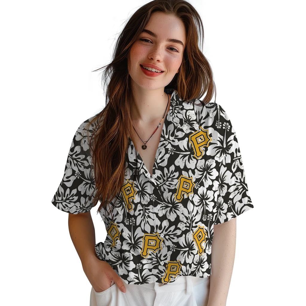 Pittsburgh Pirates Hawaiian Shirt - Hibiscus Motif pittsburgh pirates hibiscus motif black white hawaiian shirts latest model