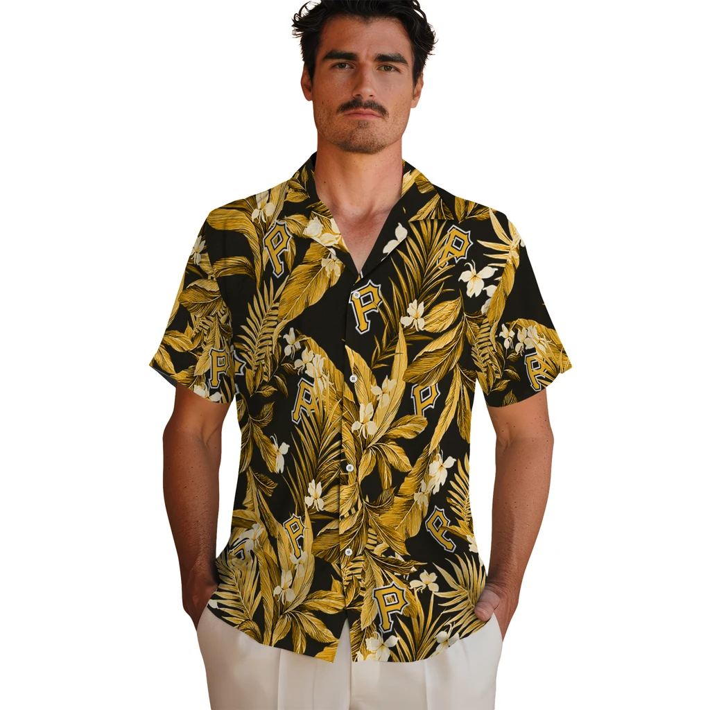 Pittsburgh Pirates Hawaiian Shirt - Palm Leaves pittsburgh pirates palm leaves black hawaiian shirts fashion forward