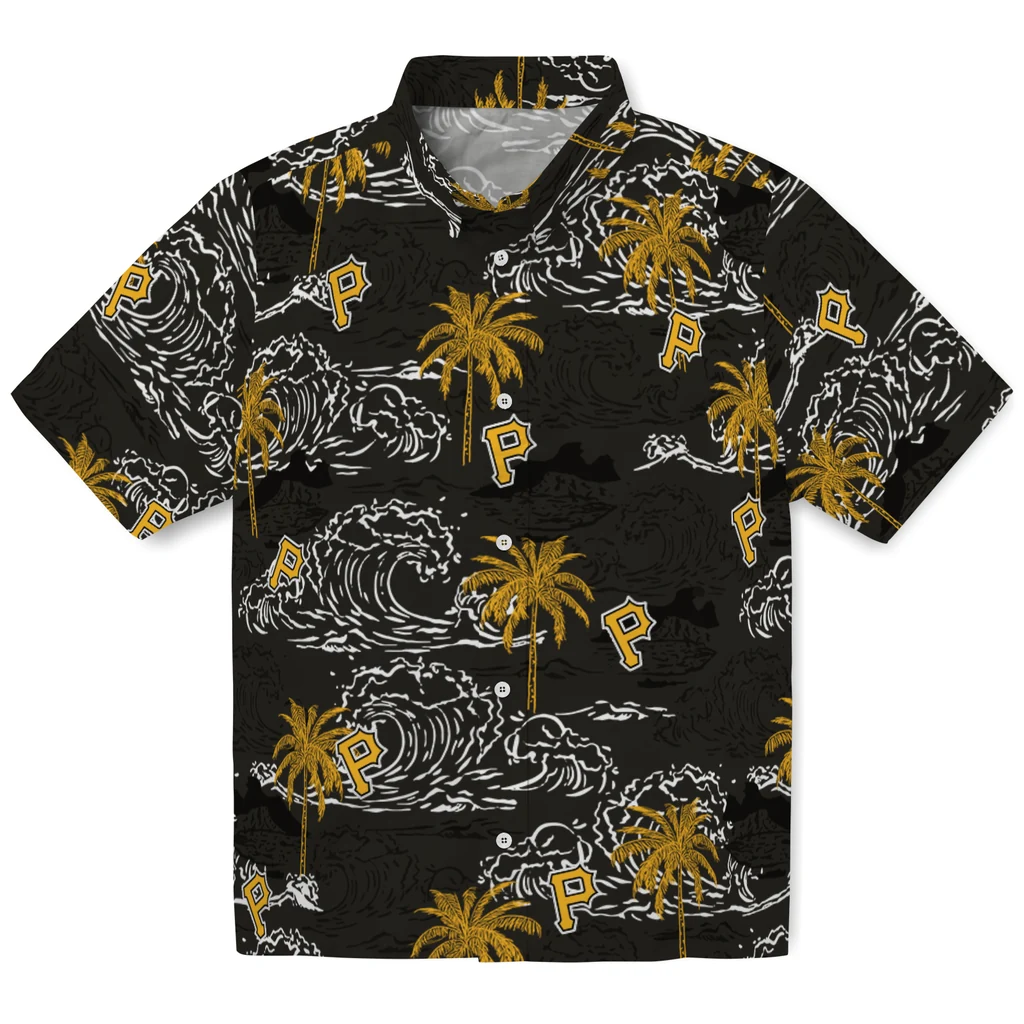 Pittsburgh Pirates Hawaiian Shirt - Wave Palm pittsburgh pirates wave palm black hawaiian shirts best selling