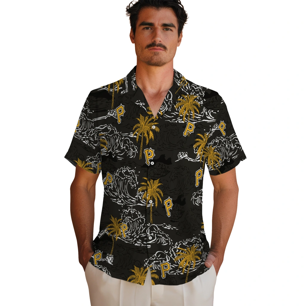 Pittsburgh Pirates Hawaiian Shirt - Wave Palm pittsburgh pirates wave palm black hawaiian shirts fashion forward