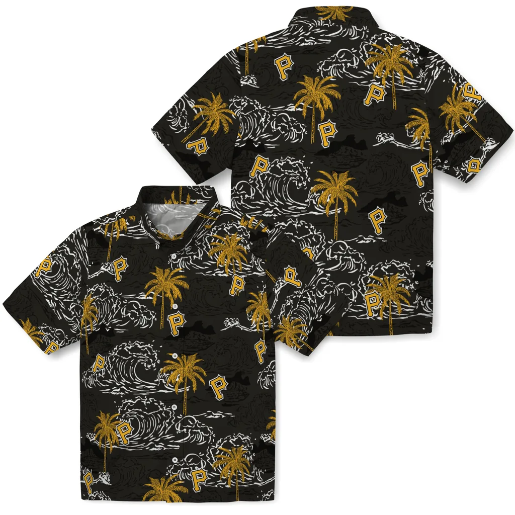 Pittsburgh Pirates Hawaiian Shirt - Wave Palm pittsburgh pirates wave palm black hawaiian shirts high quality