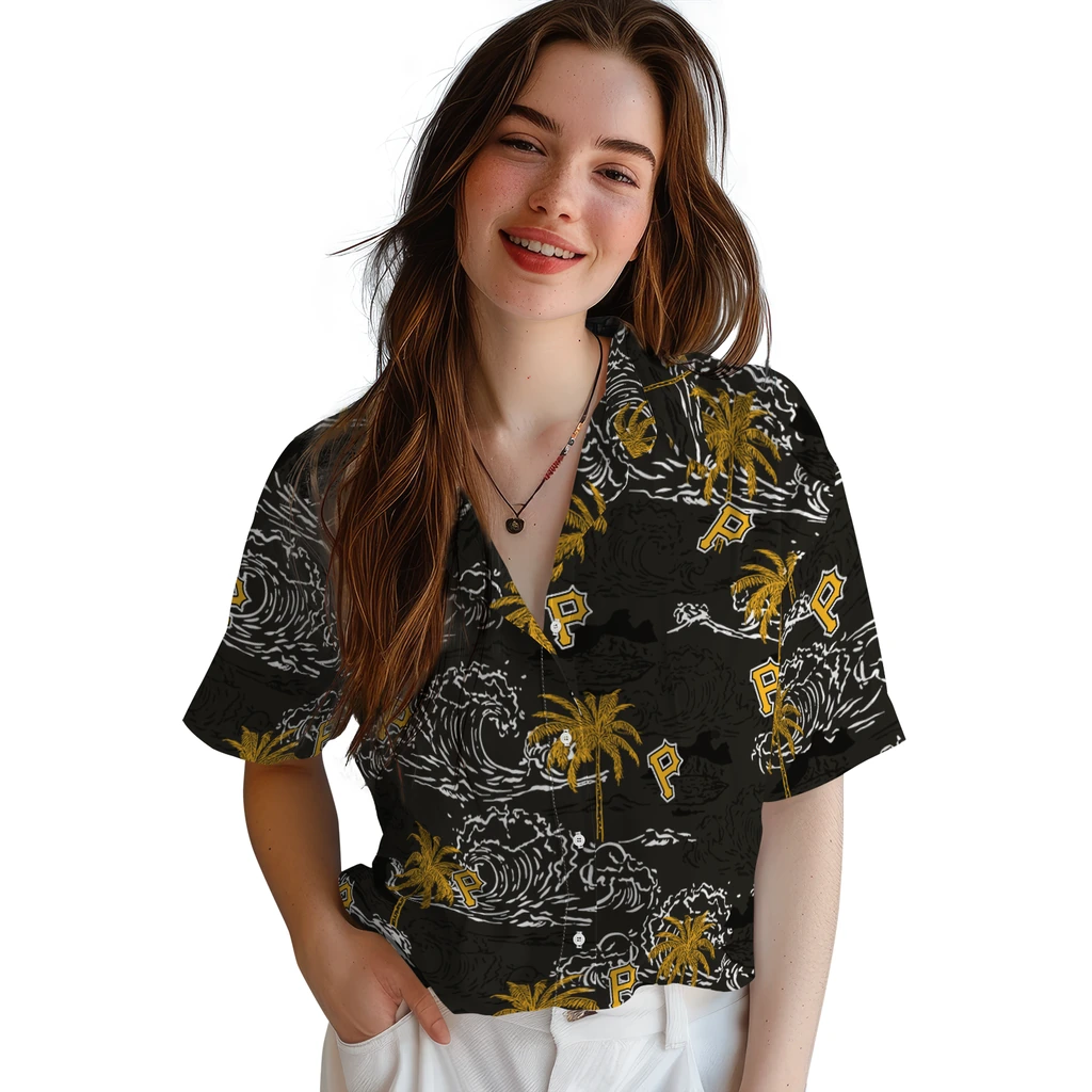 Pittsburgh Pirates Hawaiian Shirt - Wave Palm pittsburgh pirates wave palm black hawaiian shirts latest model