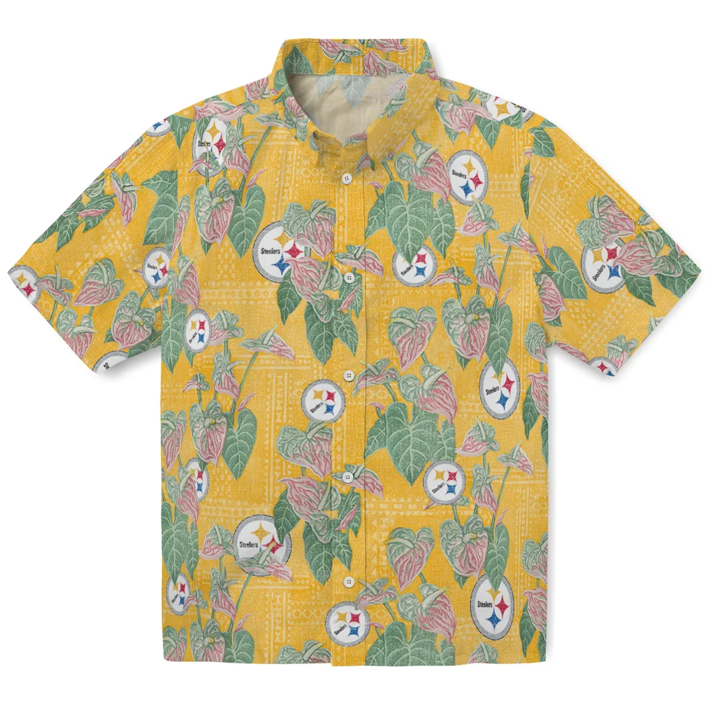 Pittsburgh Steelers Hawaiian Shirt - Anthurium Overlay pittsburgh steelers anthurium overlay gold hawaiian shirts best selling