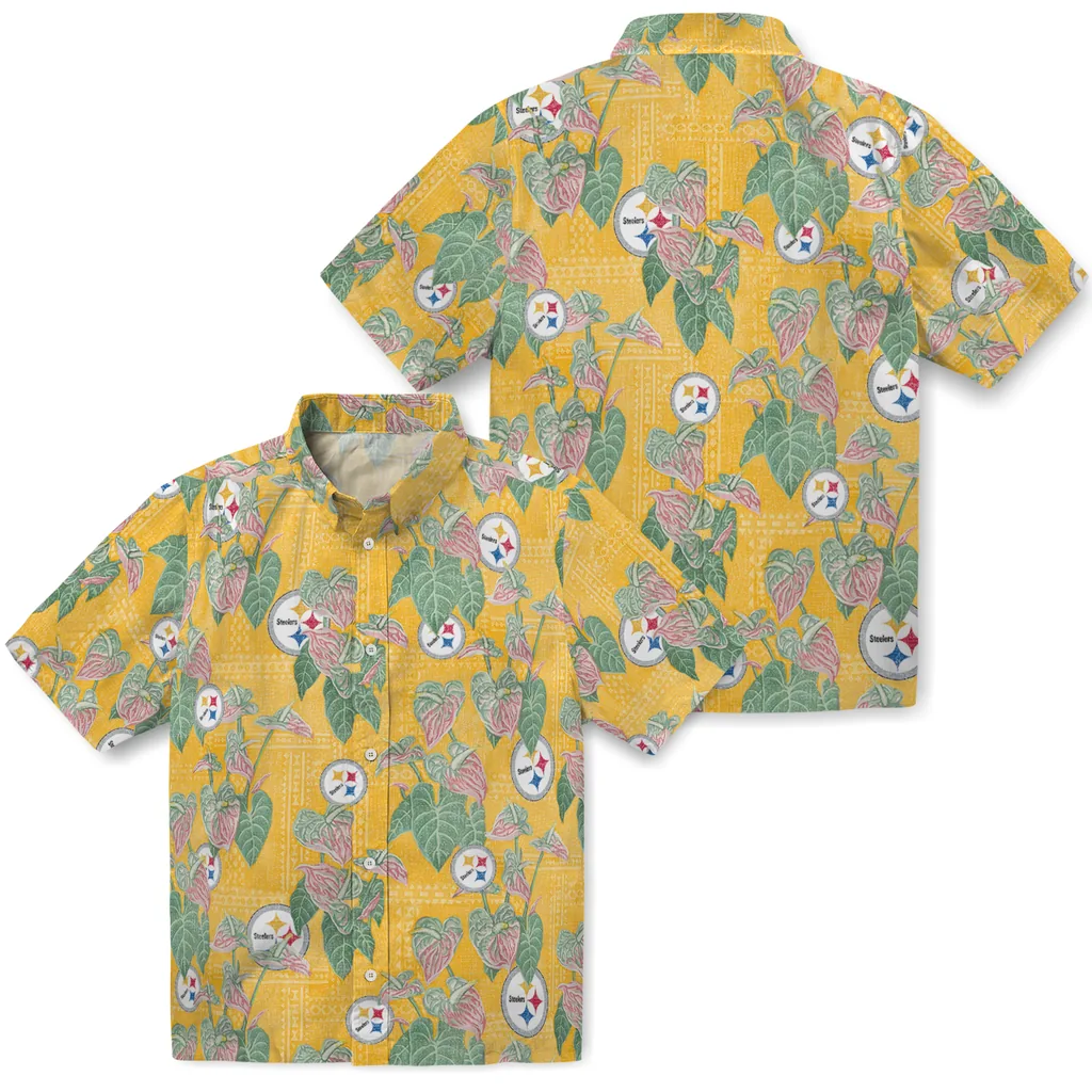 Pittsburgh Steelers Hawaiian Shirt - Anthurium Overlay pittsburgh steelers anthurium overlay gold hawaiian shirts high quality