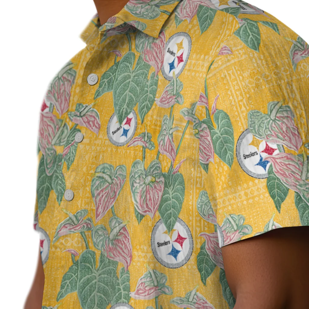 Pittsburgh Steelers Hawaiian Shirt - Anthurium Overlay pittsburgh steelers anthurium overlay gold hawaiian shirts trendy