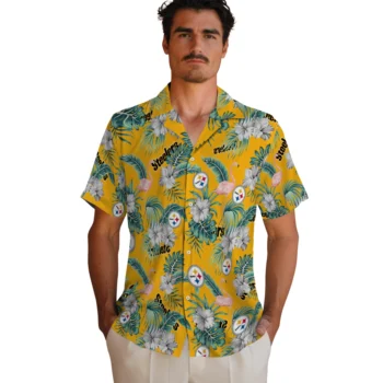 pittsburgh steelers flamingo palms gold hawaiian shirts fashion forward