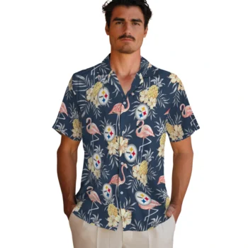 pittsburgh steelers flamingo hibiscus navy hawaiian shirts fashion forward