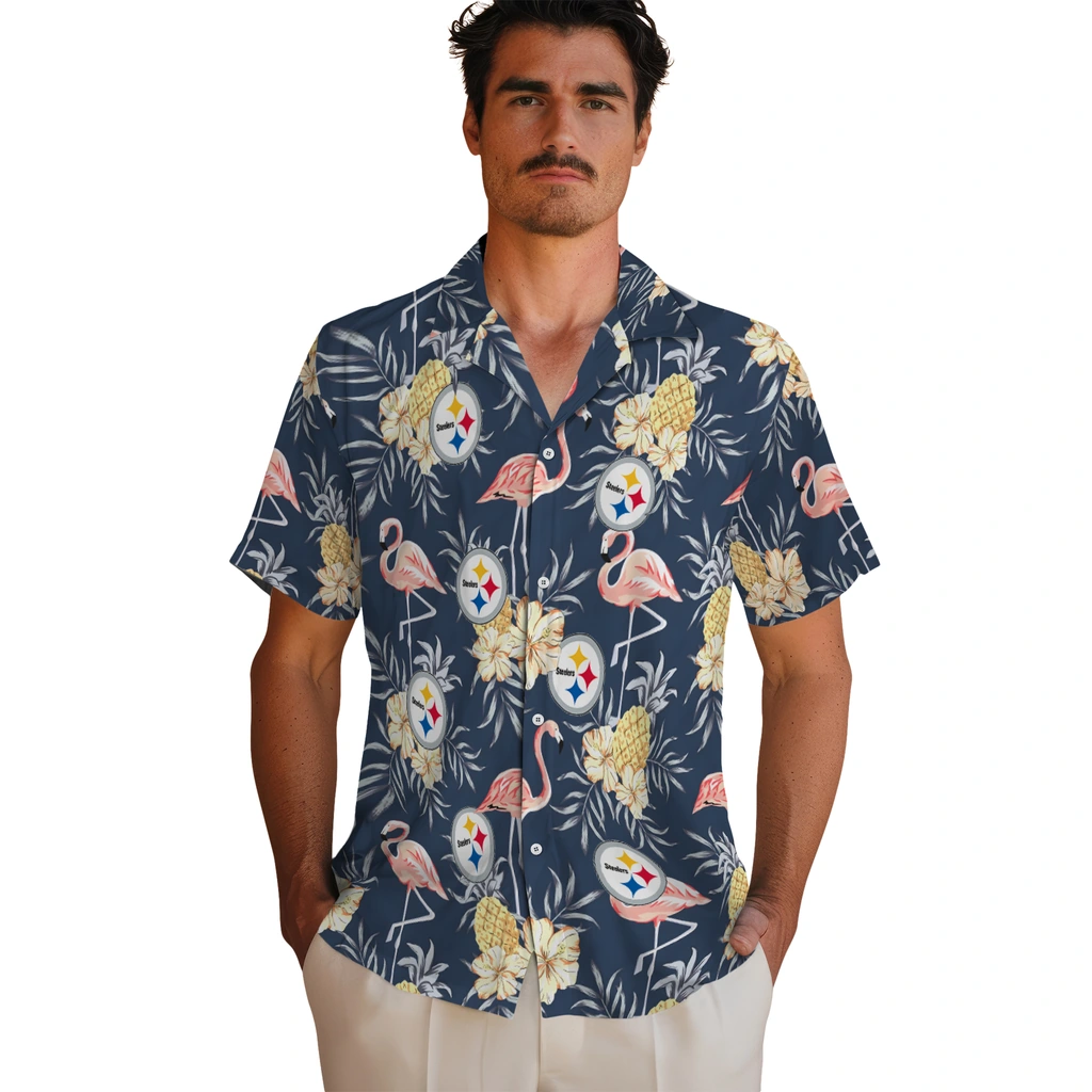 Pittsburgh Steelers Hawaiian Shirt - Flamingo Hibiscus pittsburgh steelers flamingo hibiscus navy hawaiian shirts fashion forward