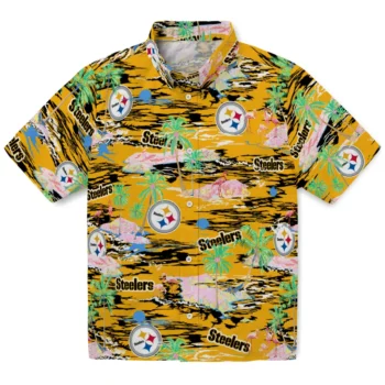 pittsburgh steelers flamingo retreat gold hawaiian shirts best selling