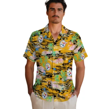 pittsburgh steelers flamingo retreat gold hawaiian shirts fashion forward